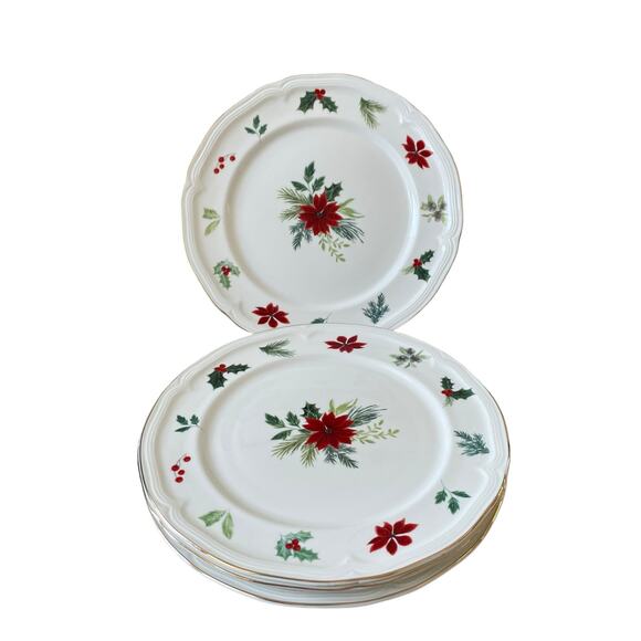 Grace Teaware Christmas Poinsettia Dinner Plates 10.25in Set 4 Holly Berry New - Picture 13 of 16